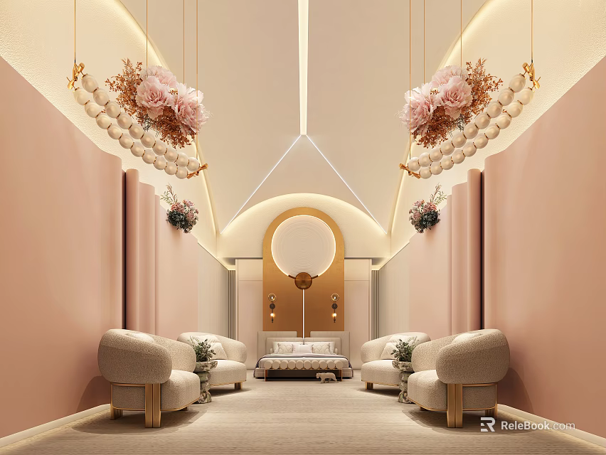 Elegant Hotel Guest Room With Pink Walls Beige Sofas Circular Mirror And Flower Decorations 3d model 