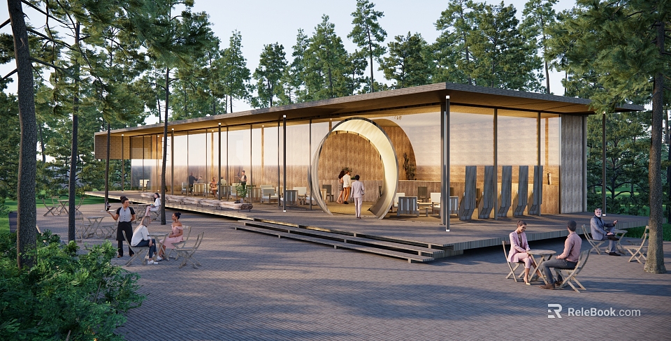 Modern Cafe Exterior With Glass Walls Wooden Structure Outdoor Seating Surrounded By Trees 3d model 