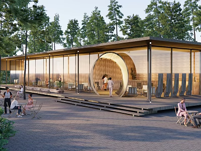 Modern Cafe Exterior With Glass Walls Wooden Structure Outdoor Seating Surrounded By Trees 3d model
