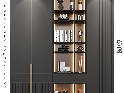 Modern Dark Wood Chest of Drawers With Layered Storage And Decorative Display Shelves 3d model