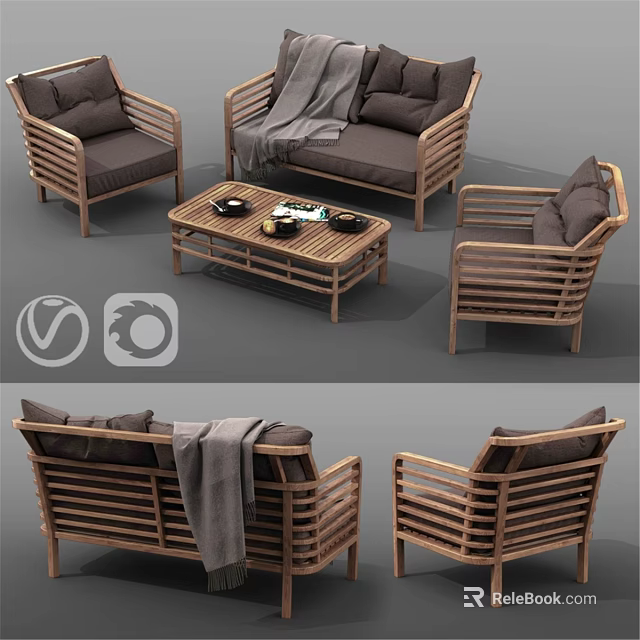 Wooden Rattan Furniture Set With Sofa Chairs Coffee Table And Soft Cushions 3d model 