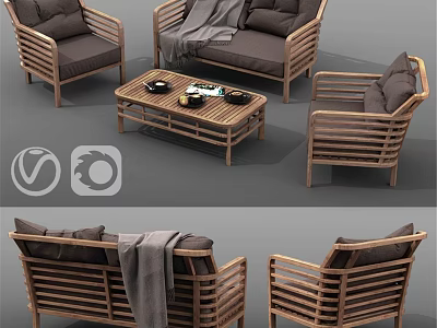 Wooden Rattan Furniture Set With Sofa Chairs Coffee Table And Soft Cushions 3d model