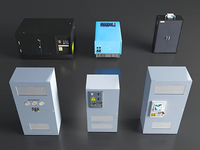 Industrial Control Equipment With Various Colored Cabinets And Functional Panels 3d model