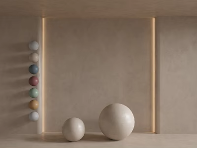 Modern Minimalist Sculptures With Colorful Balls And Beige Sphere Carvings In Indoor Illuminated Frame 3d model