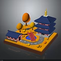 Traditional Asian Pagoda Building With Blue Roof And Orange Trees Around Red Bridge And Pond