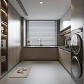 Modern Long Kitchen Interior With Wooden Cabinets Sink Blinds Washing Machine Dryer And Floor Mat