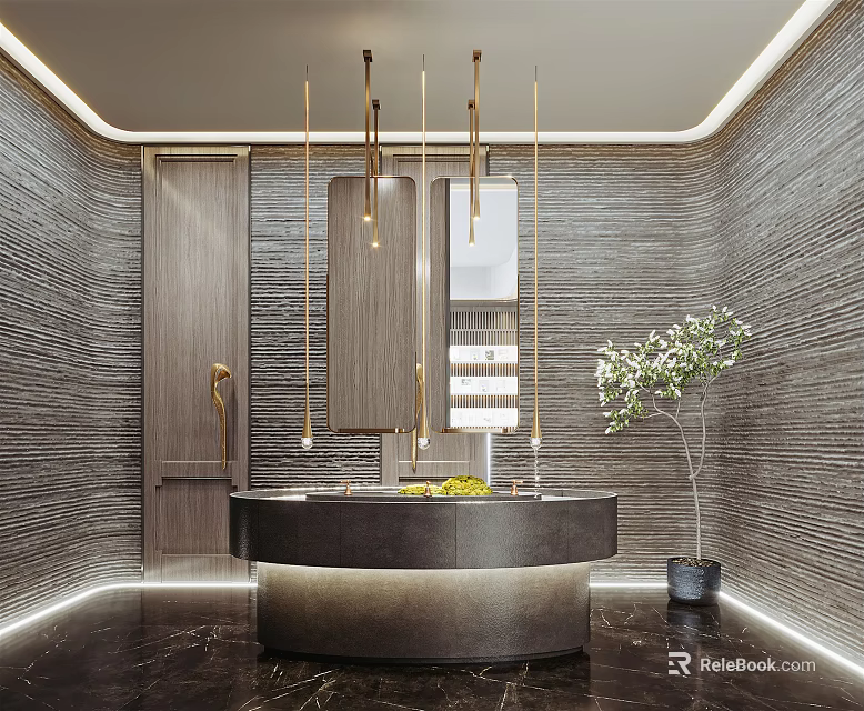 Modern Public Restroom Design With Gray Brick Walls Circular Sink Counter And Hanging Lights 3d model 