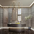 Modern Public Restroom Design With Gray Brick Walls Circular Sink Counter And Hanging Lights