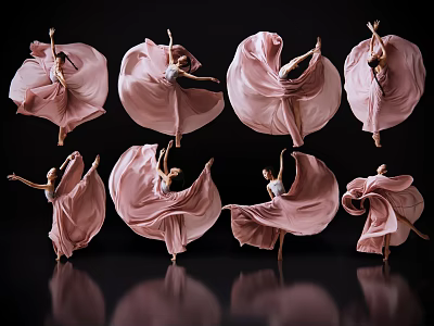 Women in Pink Flowing Dresses Dancing with Elegant Movements Against Black Background and Reflections 3d model