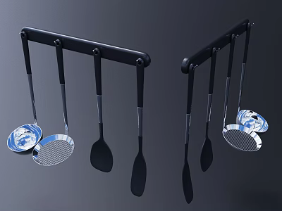 Black Hanging Kitchen Utensil Rack With Spatula Slotted Spoon Ladle And Strainer 3d model