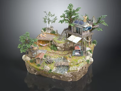 Wooden House Miniature Scene with Trees Stairs Small Bridge Vehicle and Rocks 3d model