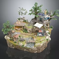 Wooden House Miniature Scene with Trees Stairs Small Bridge Vehicle and Rocks