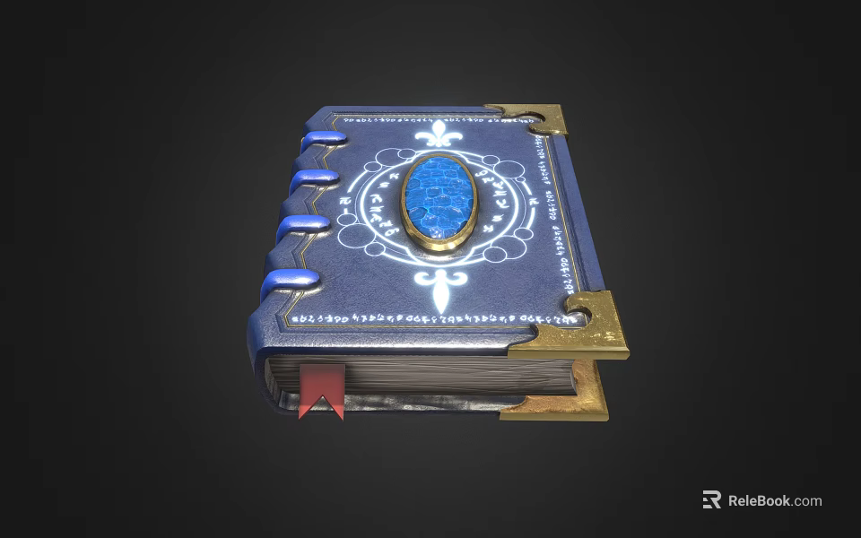 Blue Cover Book With Gold Decorations Central Gemstone Blue Ribbons And Red Bookmark 3d model 