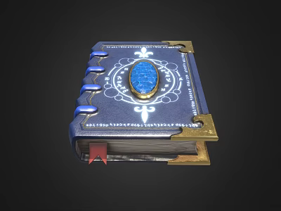 Blue Cover Book With Gold Decorations Central Gemstone Blue Ribbons And Red Bookmark 3d model