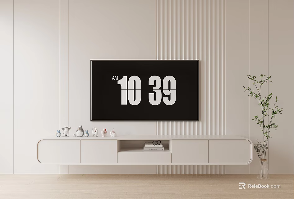 Modern White TV Stand With Striped Panel Wall Mounted TV Decor Items And Plant 3d model 