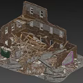 Detailed Collapsed Building Model With Broken Walls Scattered Debris And Ruined Structure