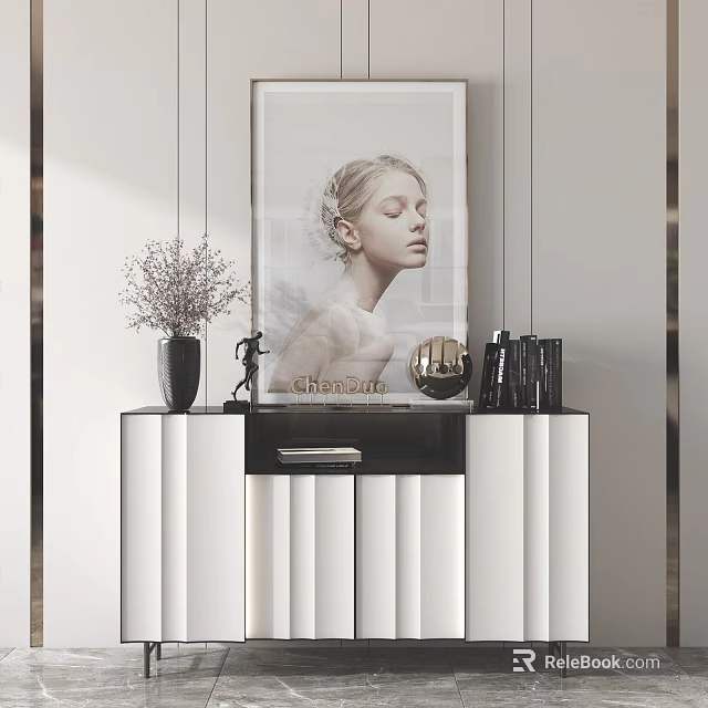 Modern Console Table with Decorative Vase Artwork Books and Sculpture in Entryway 3d model 