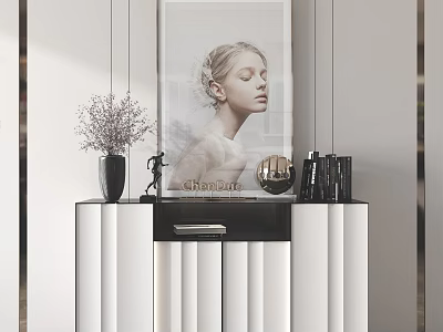 Modern Console Table with Decorative Vase Artwork Books and Sculpture in Entryway 3d model