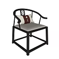 Chinese Style Single Chair With Black Frame Curved Backrest Beige Cushion And Red Pillow
