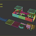 Detailed Wooden Outdoor Structure Model With Roofed Pavilions Platforms And Stairs