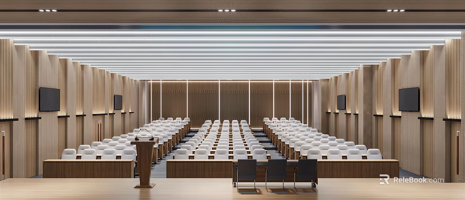 Modern Conference Room Interior Design With White Seats Wooden Walls And Podium Screens 3d model 