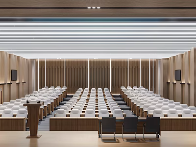 Modern Conference Room Interior Design With White Seats Wooden Walls And Podium Screens 3d model
