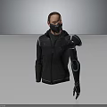 Human Character In Black Hooded Jacket With Black Mask And Mechanical Arm With Blue Details