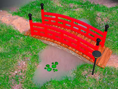 Red Wooden Bridge Over Small Pond With Lily Pads And Green Grass Path 3d model