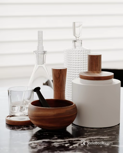 Minimalist Decorative Ornament Set with Glassware Wooden Elements and White Containers for Modern Home 3d model 