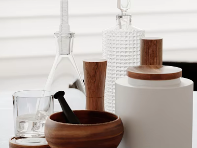 Minimalist Decorative Ornament Set with Glassware Wooden Elements and White Containers for Modern Home 3d model