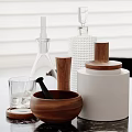 Minimalist Decorative Ornament Set with Glassware Wooden Elements and White Containers for Modern Home