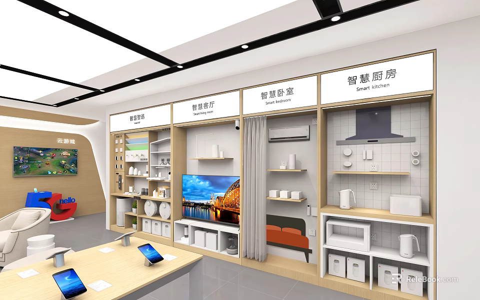 Modern Digital Store Interior Featuring Smartphones Tablets And Tech Accessories On Display Shelves 3d model 