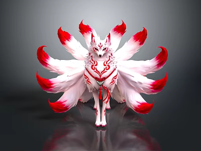 Mythical Nine Tailed Fox Creature With White Red Fluffy Tails And Red Patterns 3d model