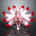 Mythical Nine Tailed Fox Creature With White Red Fluffy Tails And Red Patterns