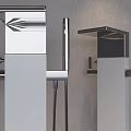 Sleek Silver Faucets With Long Metal Pipes In Arched Niche On Light Gray Wall