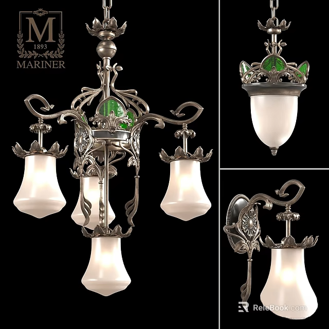Vintage Decorative Chandelier With Intricate Metal Frame Green Accents And Elegant White Glass Shades 3d model 