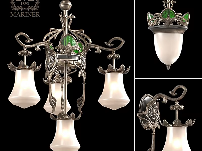 Vintage Decorative Chandelier With Intricate Metal Frame Green Accents And Elegant White Glass Shades 3d model