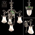 Vintage Decorative Chandelier With Intricate Metal Frame Green Accents And Elegant White Glass Shades