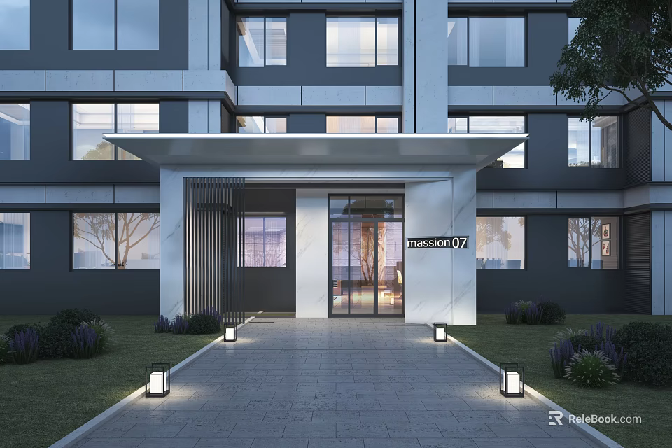 Contemporary Building Entrance Gate with Glass Door Awning Landscaped Walkway and Outdoor Lighting 3d model 