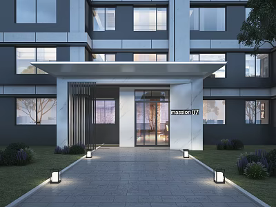 Contemporary Building Entrance Gate with Glass Door Awning Landscaped Walkway and Outdoor Lighting 3d model