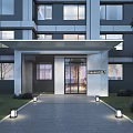 Contemporary Building Entrance Gate with Glass Door Awning Landscaped Walkway and Outdoor Lighting