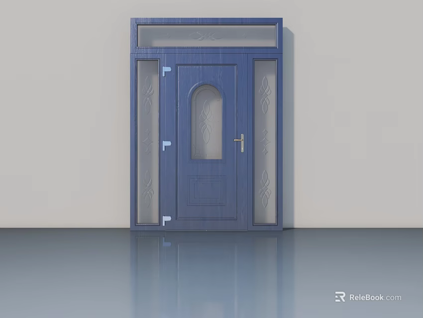 Blue Single Swing Door With Oval Glass Panel And Side Windows Design 3d model
