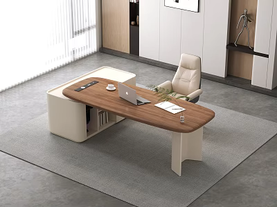 Modern Wooden Desk With Laptop Coffee Cup And Ergonomic Chair In Natural Light Office Space 3d model