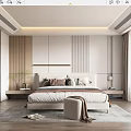 Modern Bedroom Interior Design With Wooden Panel Headboard Bed Pillows And Soft Rug