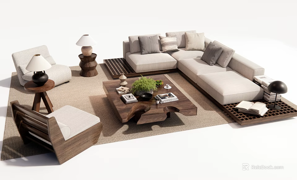 Modern Sofa And Coffee Table Set With Plush Pillows Wooden Table And Area Rug 3d model 