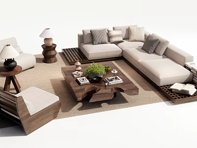 Modern Sofa And Coffee Table Set With Plush Pillows Wooden Table And Area Rug 3d model