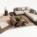 Modern Sofa And Coffee Table Set With Plush Pillows Wooden Table And Area Rug