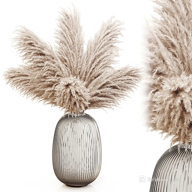 Elegant Silver Striped Glass Vase with Pampas Grass for Modern Home Decor 3d model 