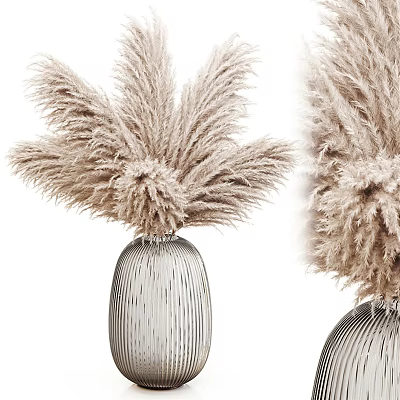 Elegant Silver Striped Glass Vase with Pampas Grass for Modern Home Decor 3d model