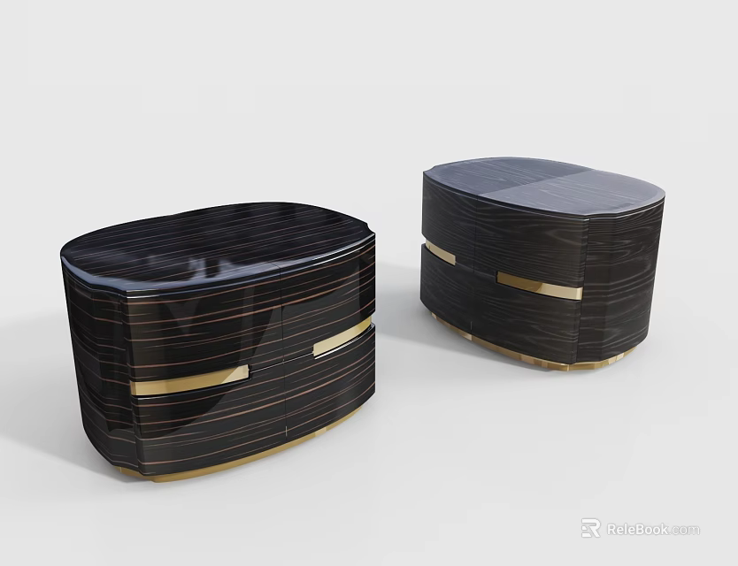 Modern Black Nightstands With Gold Stripes Smooth Surface And Drawers 3d model 